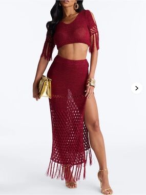 Fringe Crochet Maxi Skirt set in Wine Red